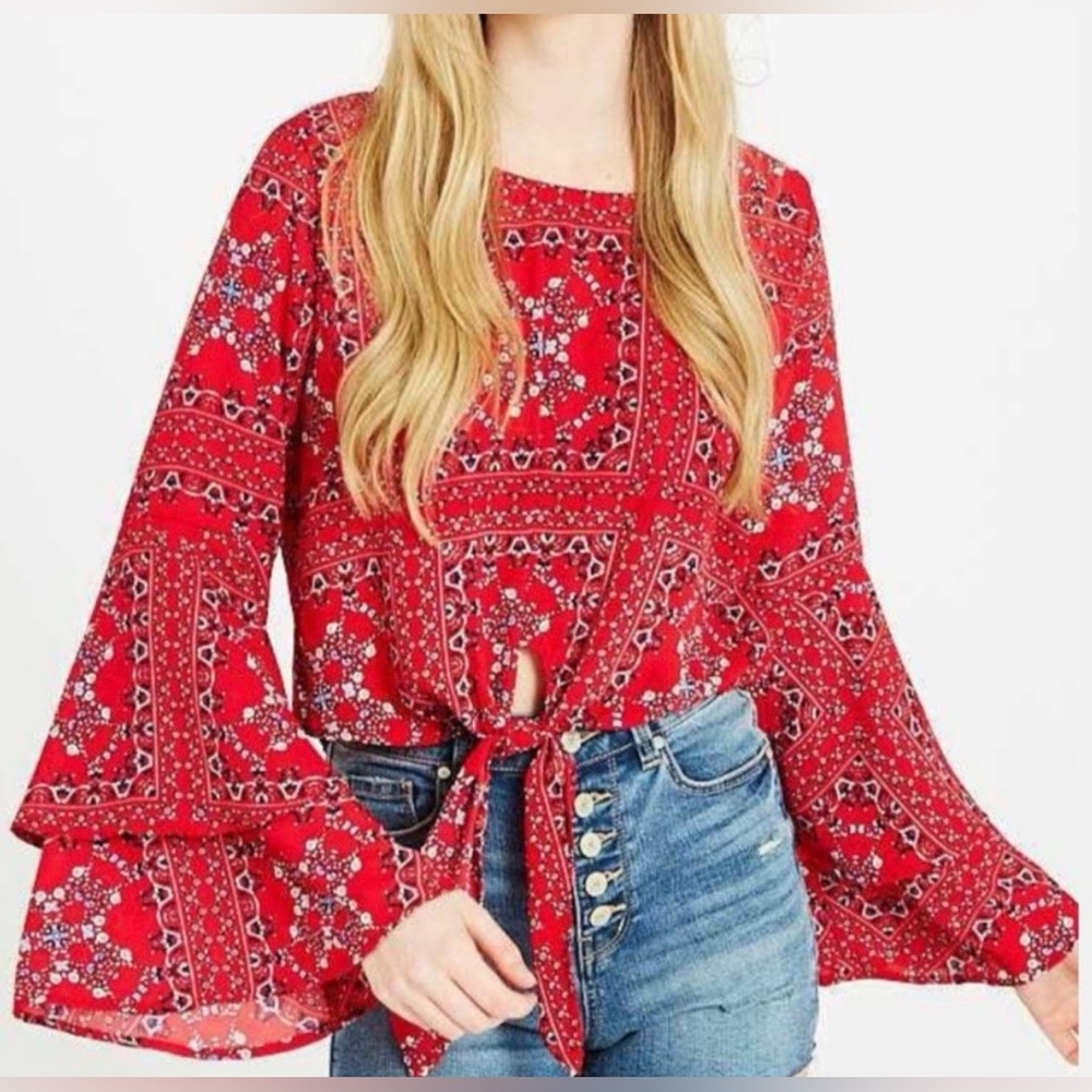 Altar'd State Mackenzie Cropped Red Boho Top Size S Long Bell Sleeves Hippie